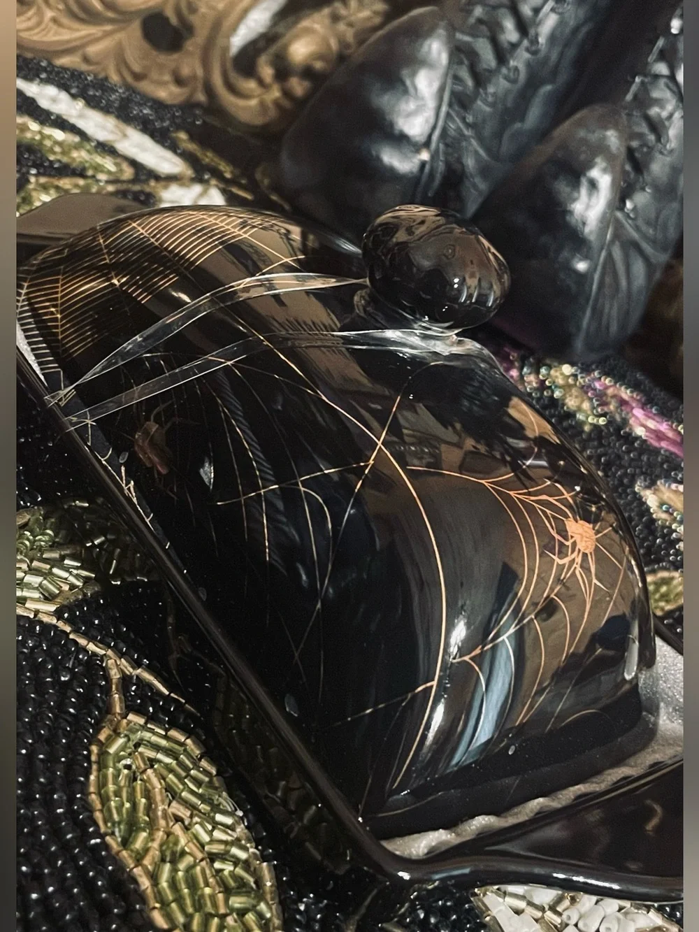 PARK CHATEAU NWOT Black Ceramic Butter Dish with Gold Spider Webbing Accent